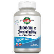 KAL glucosamine chondroitin msm bottle close-up promotes joint comfort.