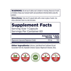 KAL Liposomal Magnesium Oxide bottle label highlights vegan, gluten-free formula