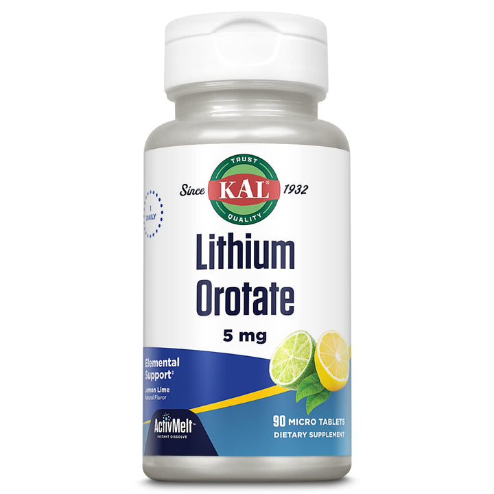 KAL Lithium Orotate ActivMelt tablets with lemon-lime flavor dissolve quickly for daily mood support.