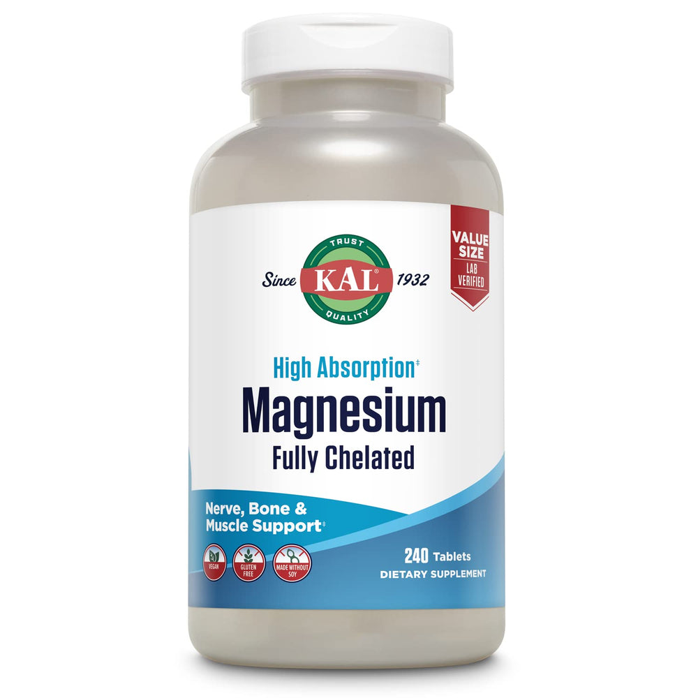 KAL magnesium glycinate tablets bottle front; easy-to-digest daily support.