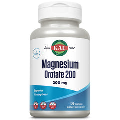 KAL Magnesium Orotate 200 mg bottle front with clear label and dosage idea