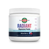 Kal Radiant Magnesium Powder tub with mixed berry formula highlighting skin elasticity benefits