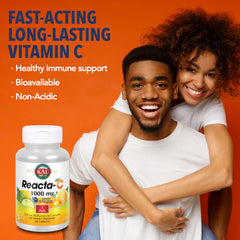 KAL Reacta-c tablets close-up illustrating easy-to-swallow form and steady vitamin C delivery.