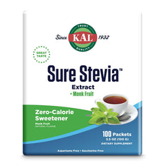 KAL Sure Stevia Plus Monkfruit packet front offers zero-calorie sweetness for beverages.