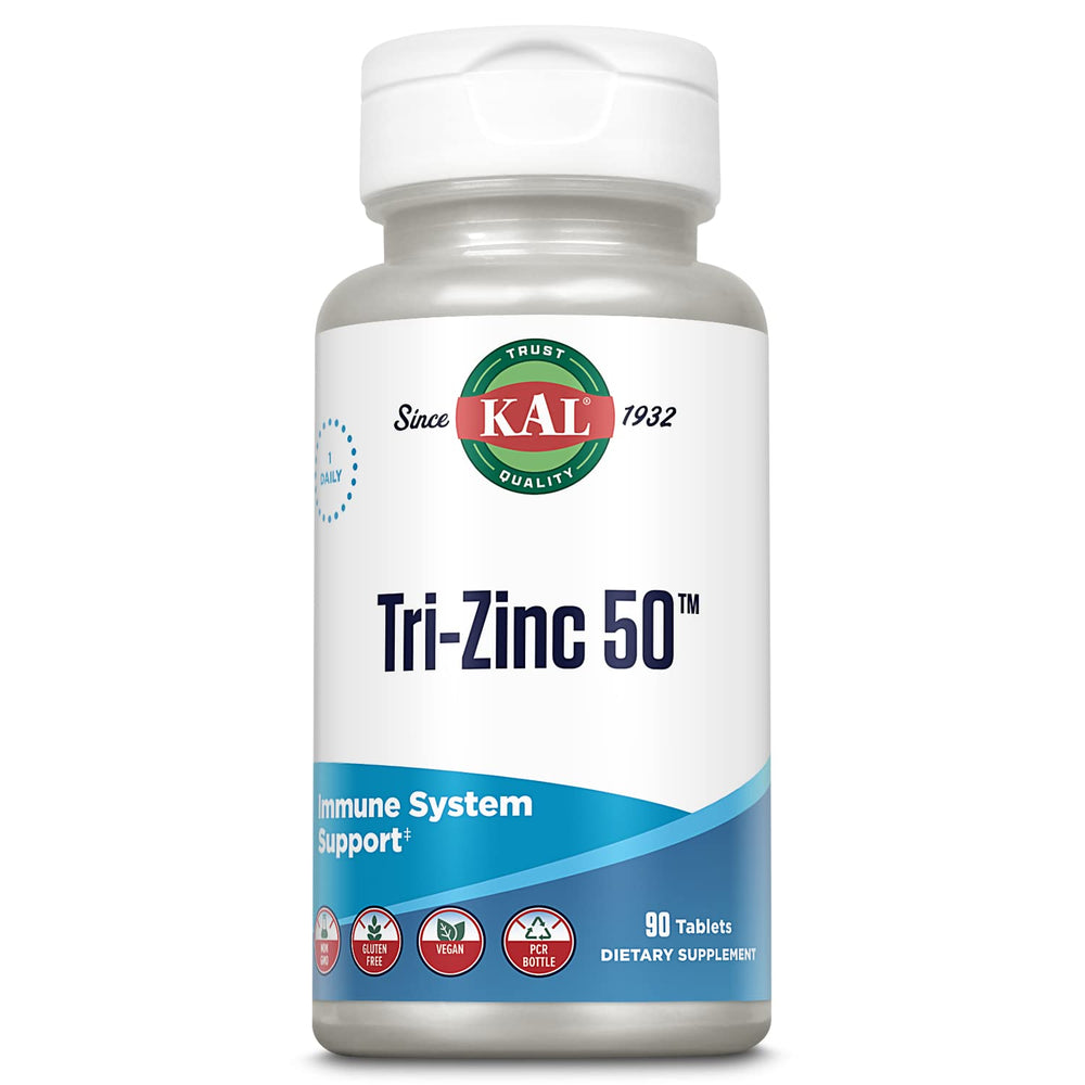 KAL Tri Zinc 50mg bottle on shelf for daily mineral intake and metabolism support
