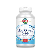 KAL Ultra Omega 3-6-9 1200mg bottle with capsules for heart and skin support.