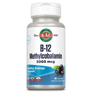 KAL Vitamin B-12 lozenges acai flavor close-up for potential energy support.