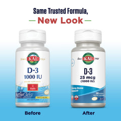 KAL Vitamin D3 softgels poured, showcasing easy to swallow design.