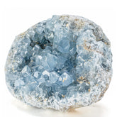 Kalifano raw Celestite geode closeup showcases calming blue tones for serene spaces.