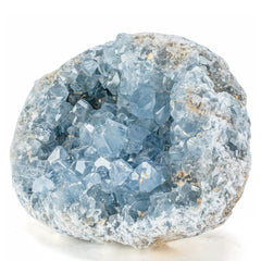 Kalifano raw Celestite geode closeup showcases calming blue tones for serene spaces.
