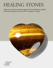 KALIFANO Tiger's Eye Heart information card accompanies the stone with usage notes.