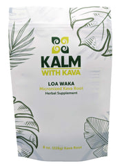 KALM Loa Waka kava powder in a resealable bag for quick, mess-free relaxation anytime.