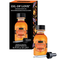 Kama Sutra Oil of Love Tropical Mango bottle for foreplay enhancement.