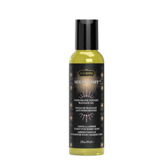 Kama Sutra Sex Magnet Massage Oil bottle being poured for a sensual full-body massage.