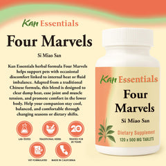 Kan Herb Four Marvels bottle dosage close-up highlighting tablets for digestive support.