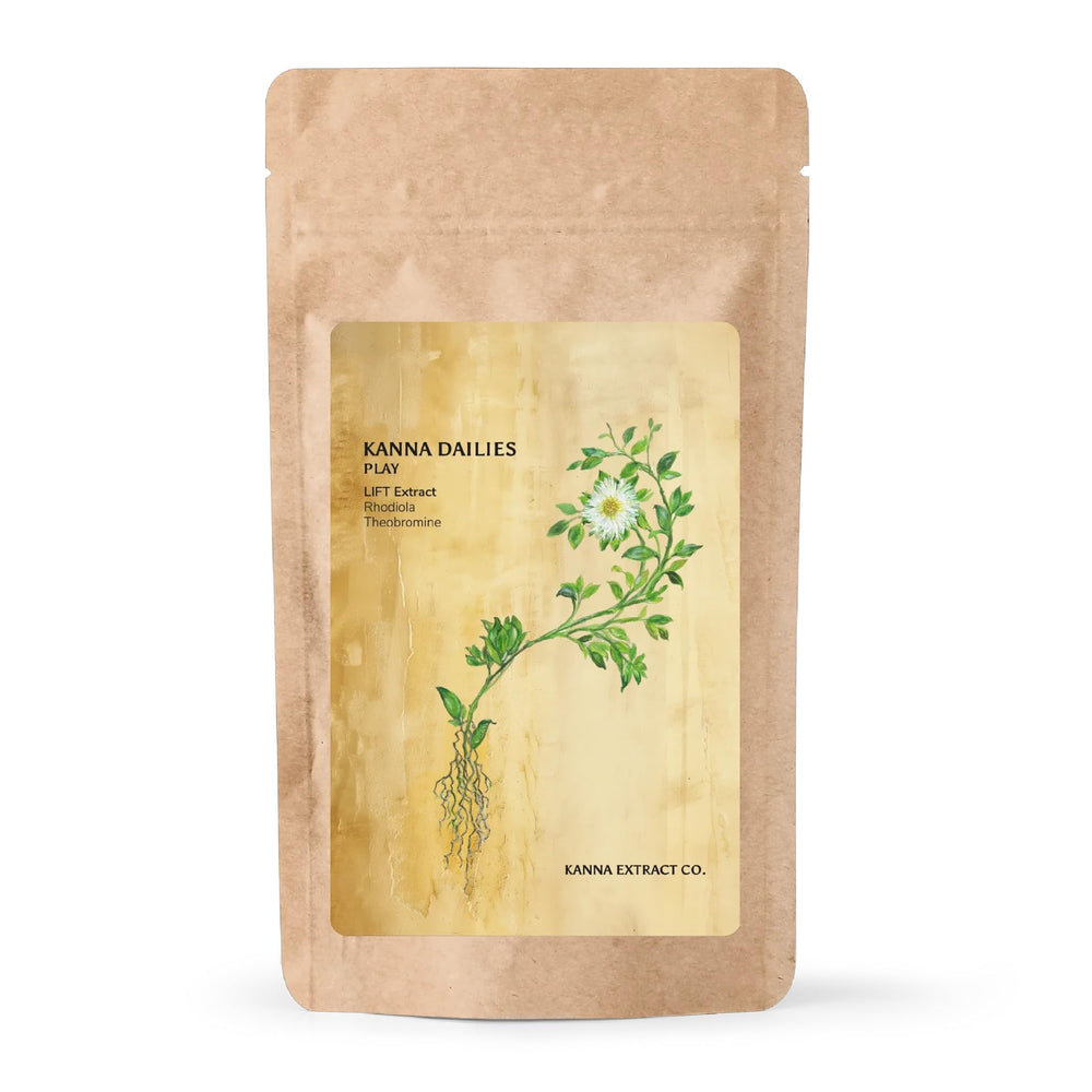 Kanna Extract Co. Play Kanna Dailies Joy Blend bottle pour showing convenient daily use for mood uplift