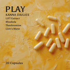Kanna Extract Co. Play Kanna Dailies capsules closeup showing 25 mg per capsule and lab-tested purity
