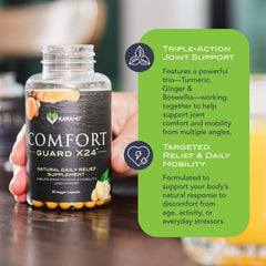 KaraMD Comfort Guard X24 ingredients scatter featuring turmeric, boswellia, and ginger.