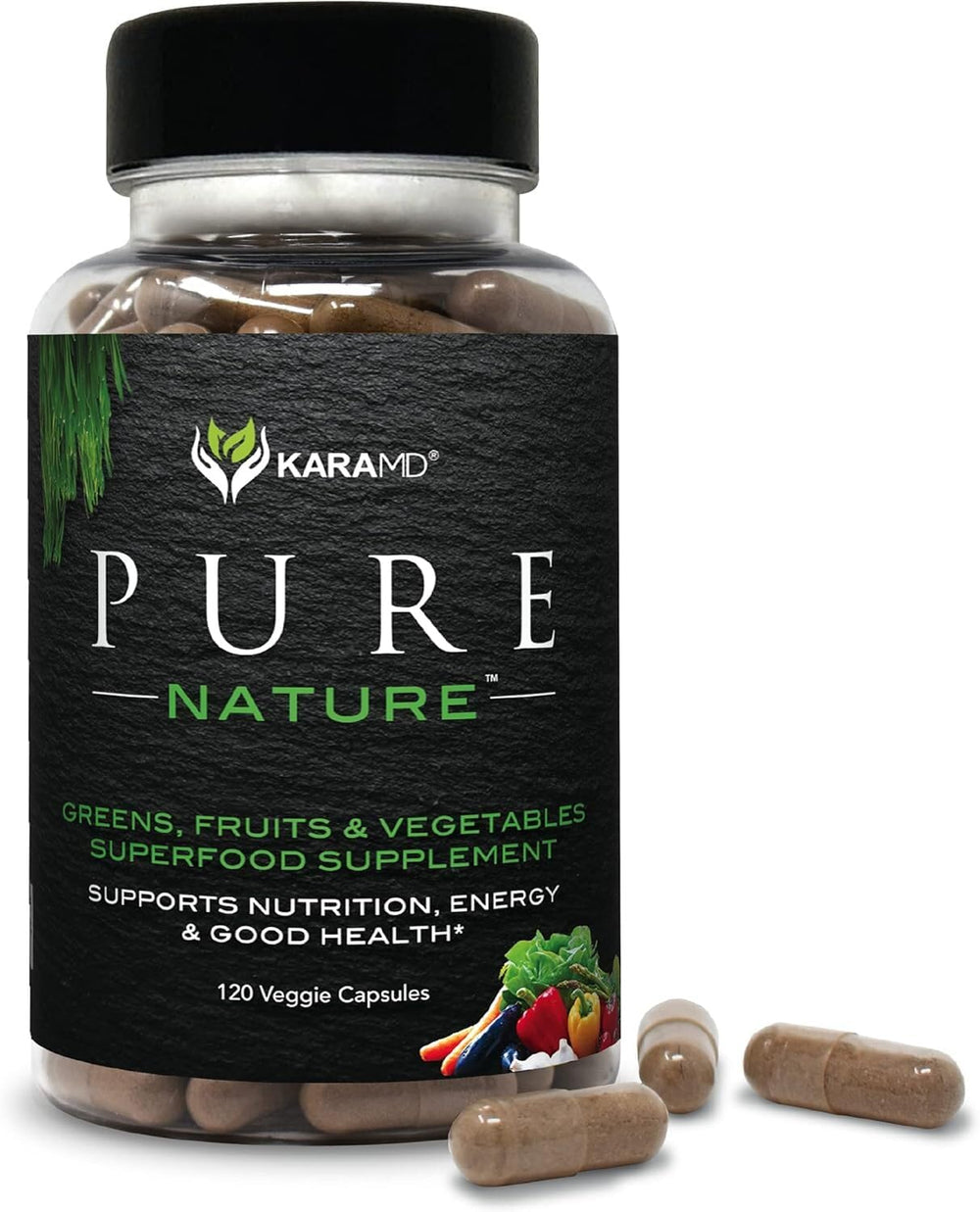 KaraMD Pure Nature bottle front featuring greens powder for daily energy
