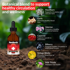 Kardovite Herbal Circulation Drops pour action showing ginkgo and garlic for steady energy