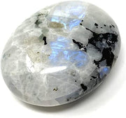 Karma Gems Rainbow Moonstone oval worry stone, ideal for meditation and calming the mind.