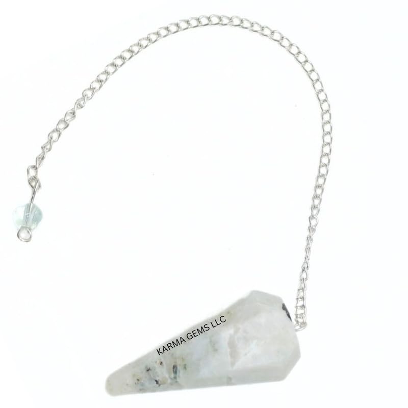 Karma Gems Rainbow Moonstone pendulum with sterling chain supports balanced energy work