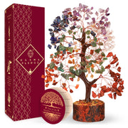 KARMAPLEDGE crystal tree base on wood enhances natural decor and positive ambiance.