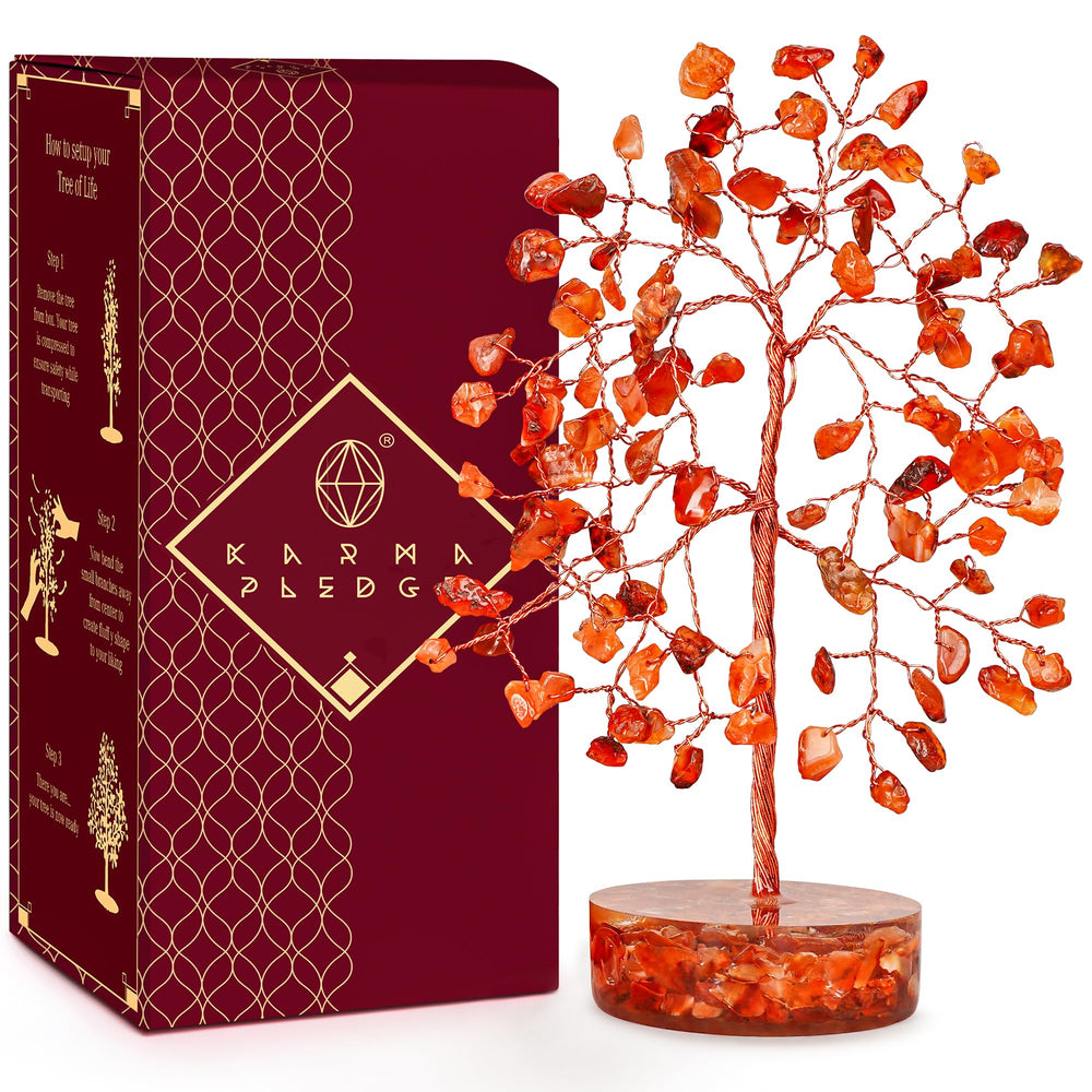 KARMAPLEDGE crystal tree decor with carnelian stones enhances warm ambiance and balance.