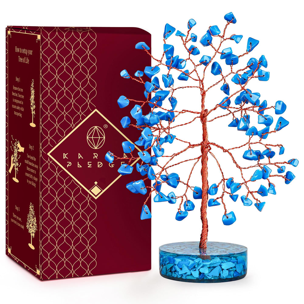 KARMAPLEDGE crystal tree turquoise chakra stones promoting balance and positive energy in any room.