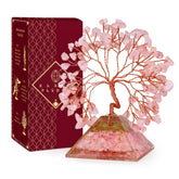 KARMAPLEDGE Rose Quartz Crystal Tree with pyramid base decorates desks with calming energy.