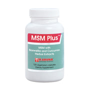 Karuna MSM Plus bottle label highlighting joint support and botanicals.