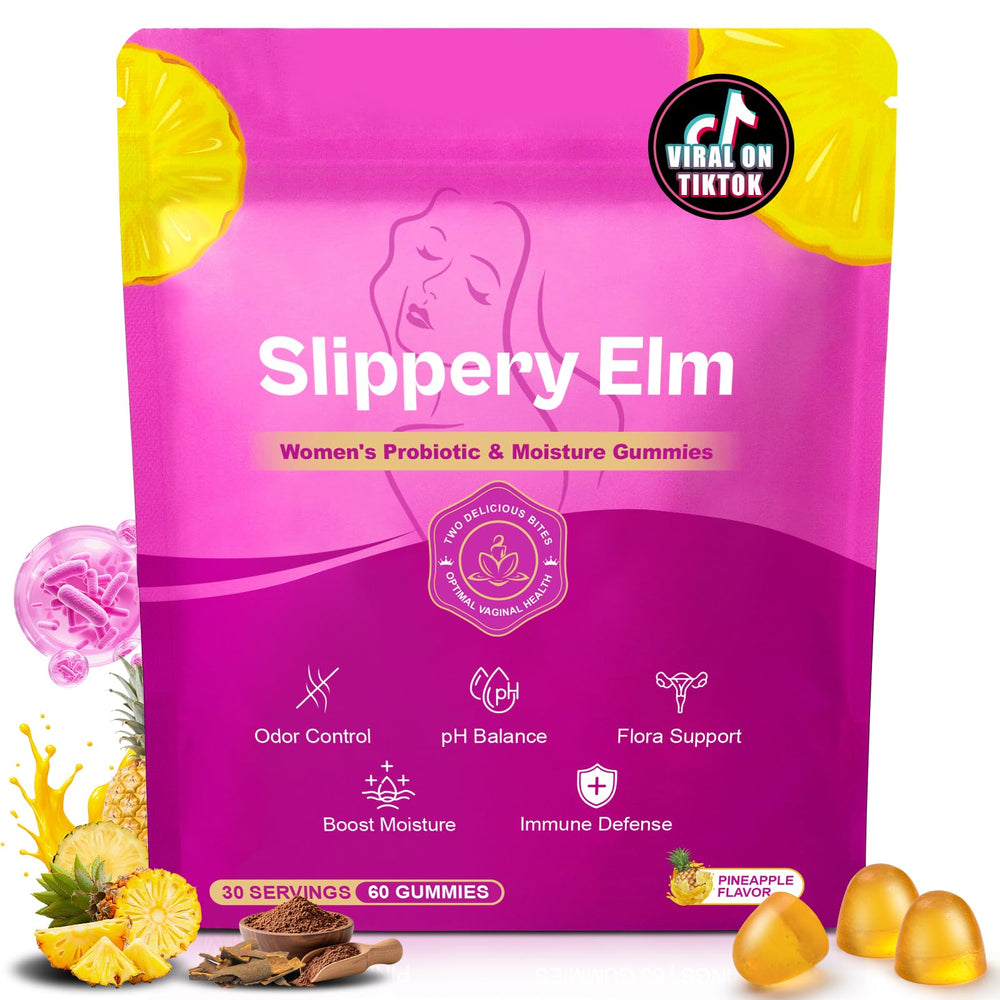 Kaseano Slippery Elm feminine probiotic bottle promoting moisture and comfort.