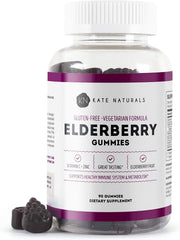 Kate Naturals Elderberry Gummies jar on kitchen counter for convenient daily immune support.