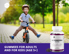 Kate Naturals Elderberry Gummies bottle highlights vitamin C and zinc ingredients.