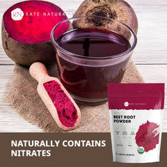 Kate Naturals beet root powder jar beside smoothie glass for color boost.