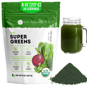 Kate Naturals Organic Super Greens Powder tub front, ideal daily greens for smoothies.