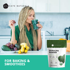 Label showing organic and non-GMO certification on spirulina