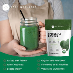 Vibrant spirulina smoothie prepared with Kate Naturals powder