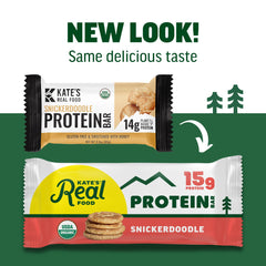 Kate's Snickerdoodle bar certifications icon card communicates gluten-free and organic credentials.