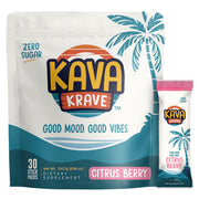 Kava Krave Citrus Berry drink mix sachet ready to stir for refreshed focus.