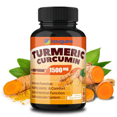 Kavguine turmeric bottle and label highlighting organic ingredients for daily joint comfort potential.