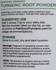 Kaxilu Feel Good Turmeric label with USDA Organic seal indicating certified quality.