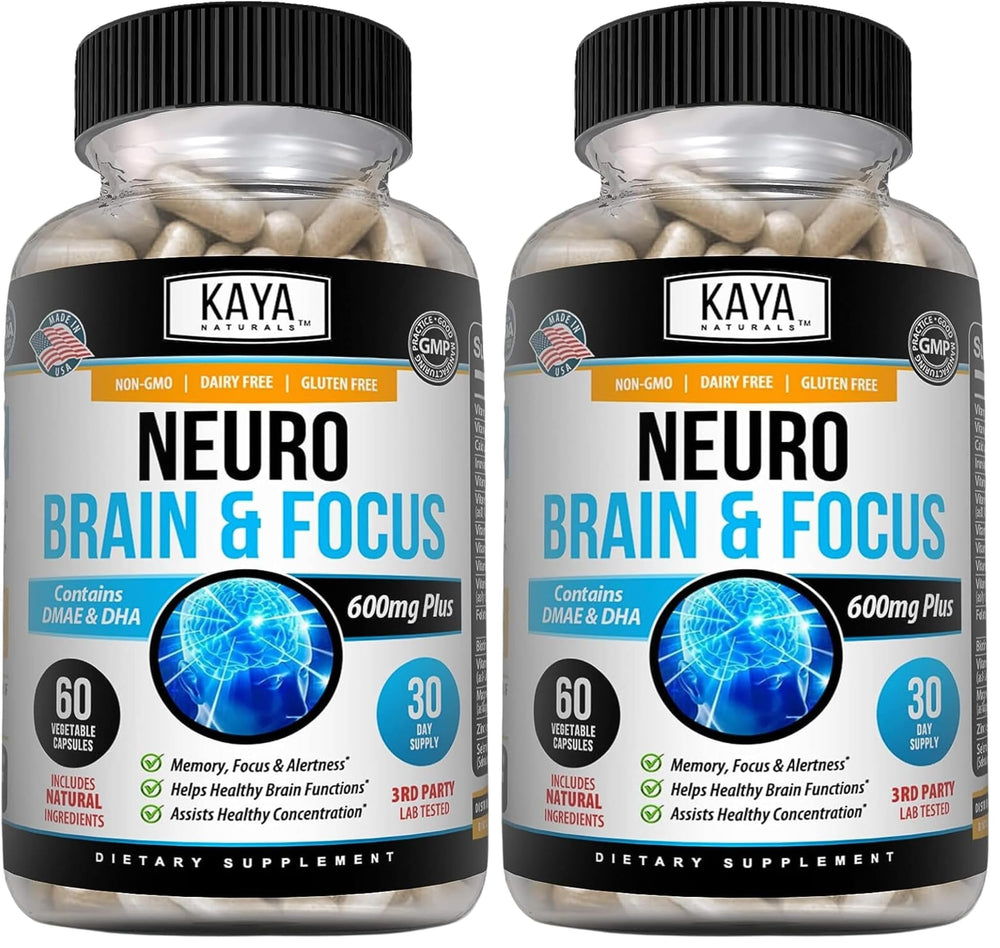 Kaya Naturals Neuro Brain bottle showing a two-pack of 60 capsules for focus support