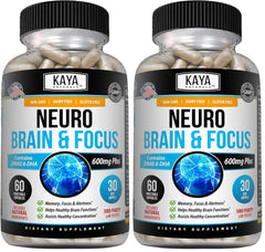 Kaya Naturals Neuro Brain bottle showing a two-pack of 60 capsules for focus support