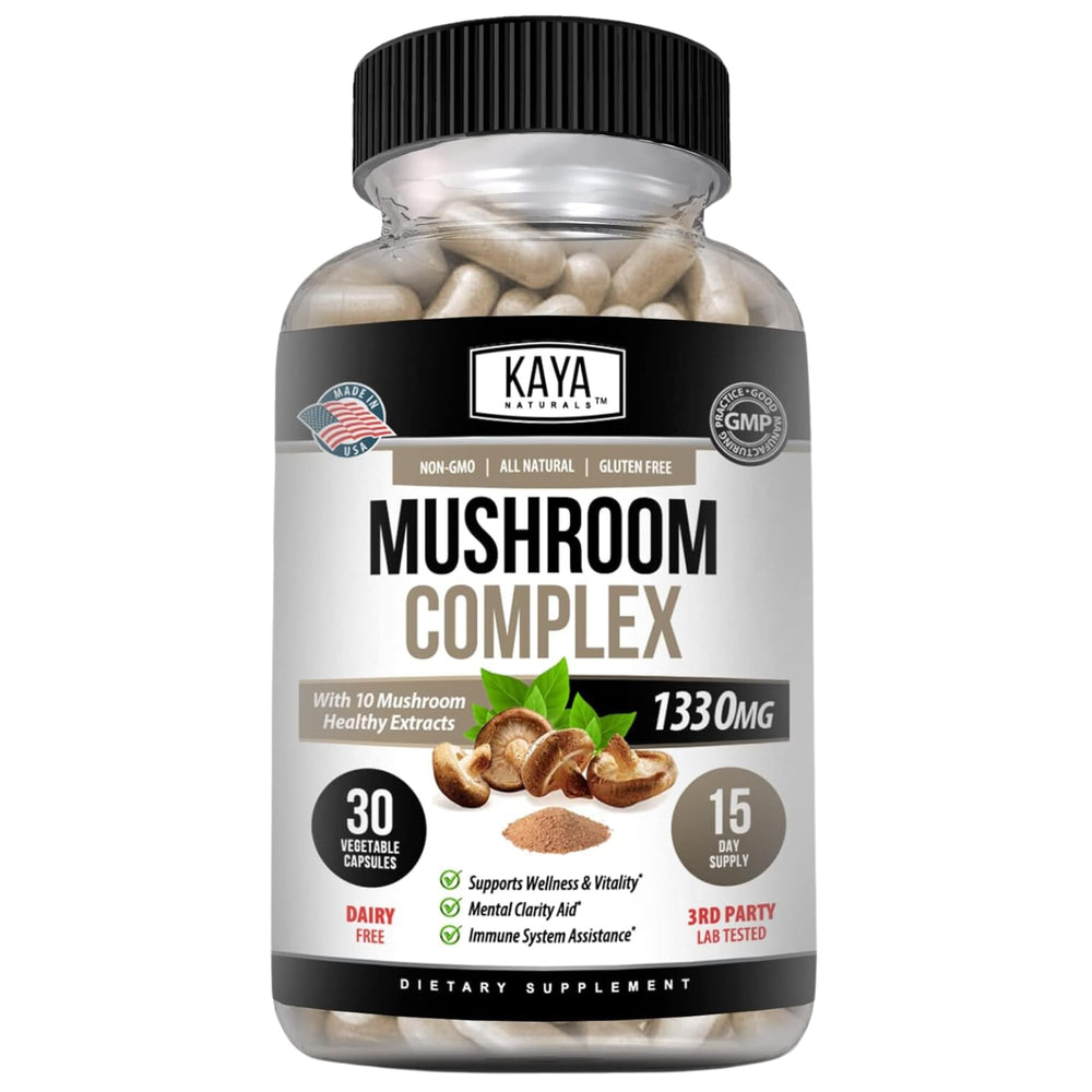 Kaya Naturals Premium Mushroom Complex bottle on table for daily vitality