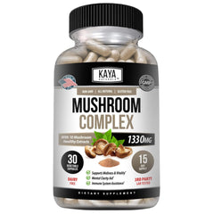 Kaya Naturals Premium Mushroom Complex bottle on table for daily vitality