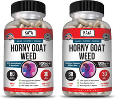 Kaya Naturals Horny Goat Weed bottle shows premium herbal blend for daily vitality.
