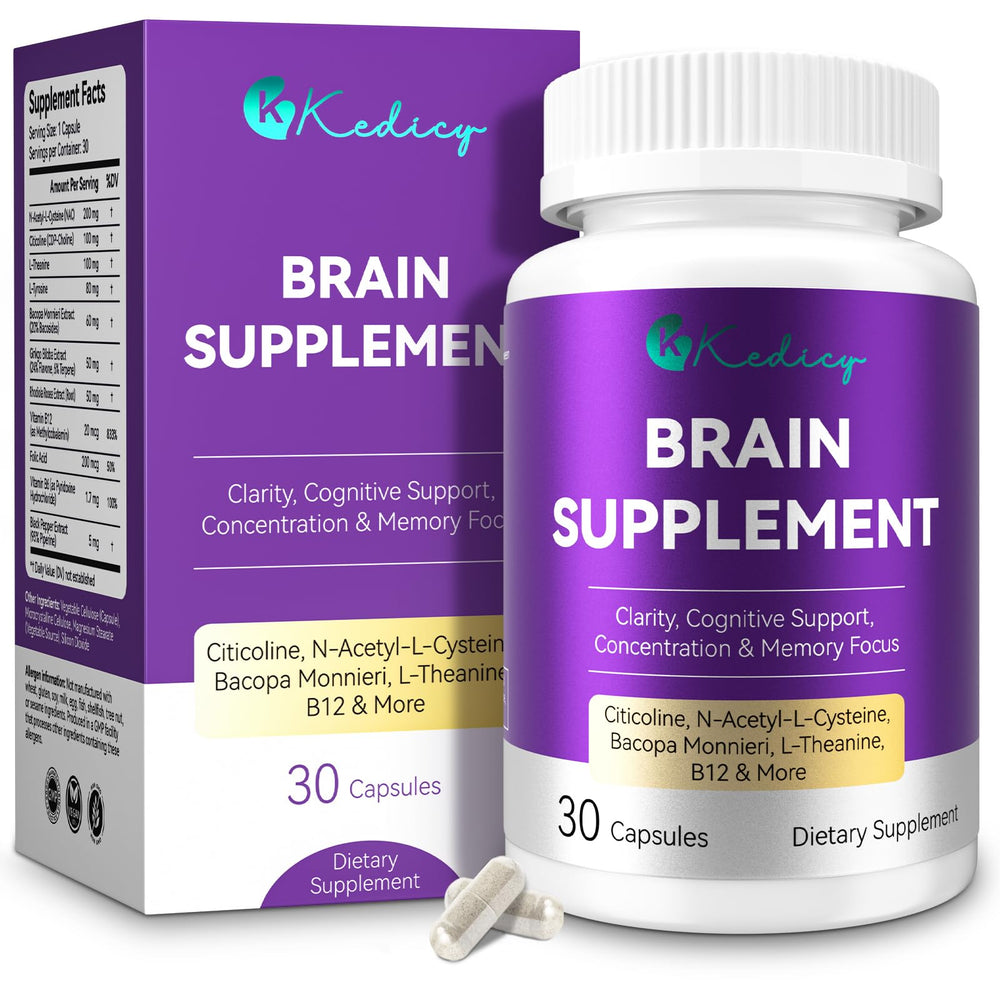 Kedicy 11-in-1 brain supplement bottle front promoting focus and mental clarity.