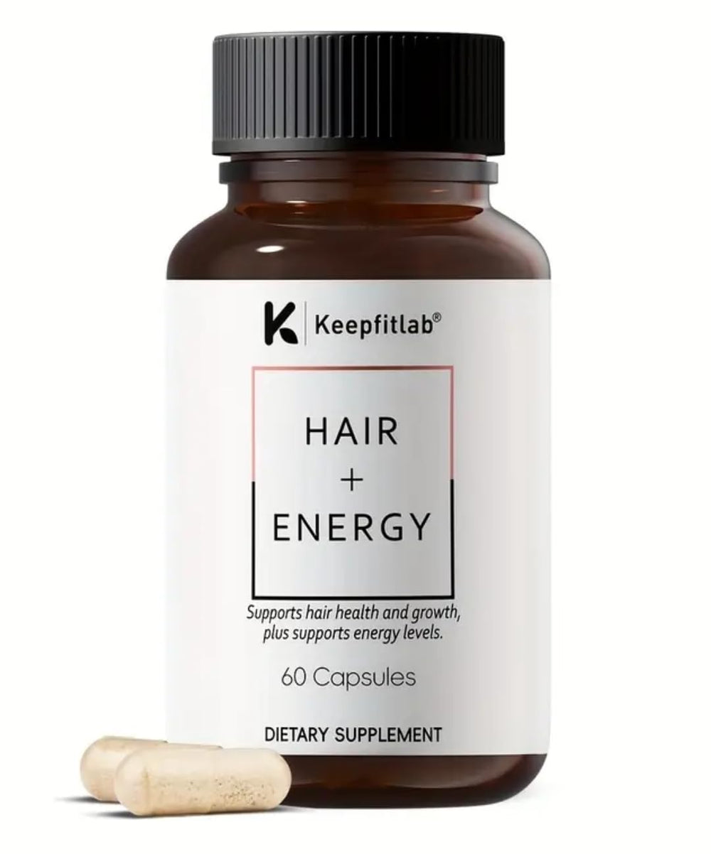 Keepfitlab Hair + Energy Supplement bottle aids daily vitality and hair health.