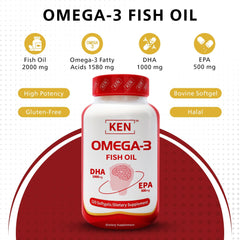 Close-up of KEN omega-3 softgels showing DHA and EPA content for daily use.